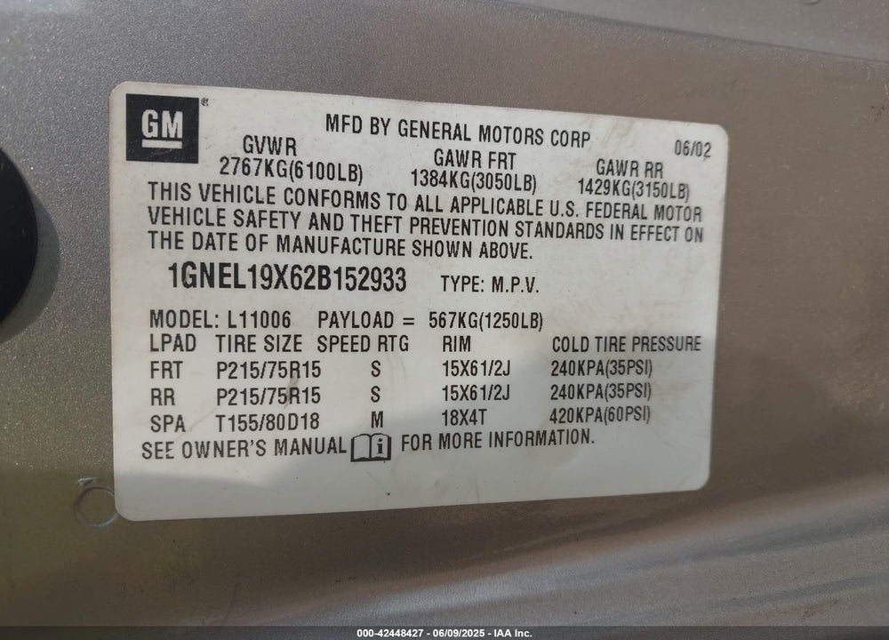 2000 CHEVROLET ASTRO VIN: 1GNEL19W1YB209135