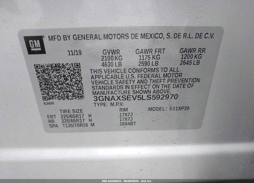 2020 CHEVROLET EQUINOX VIN: 3GNAXSEV5LS592970