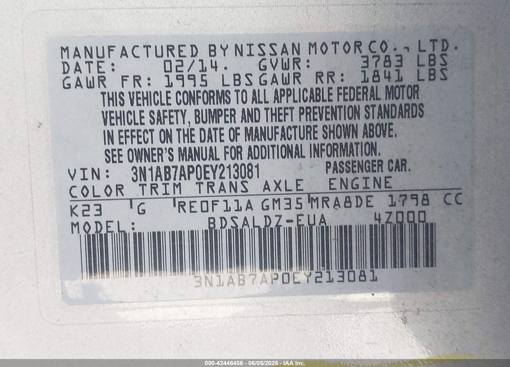 2014 NISSAN SENTRA VIN: 3N1AB7AP0EY213081