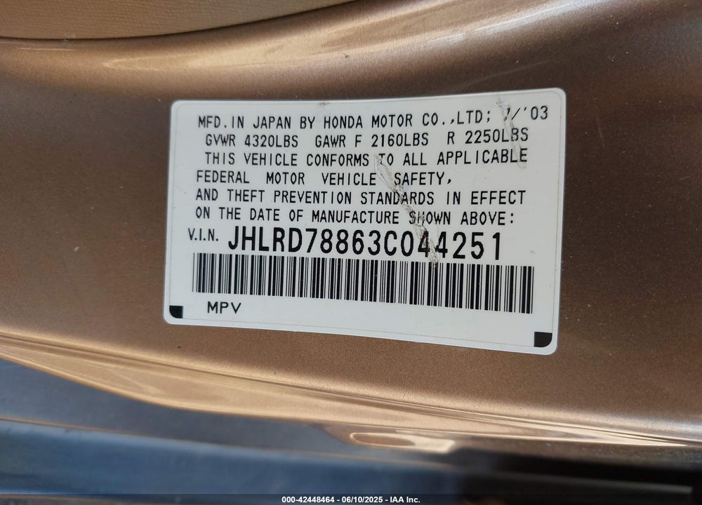 2003 HONDA CR-V EX VIN: JHLRD78863C044251