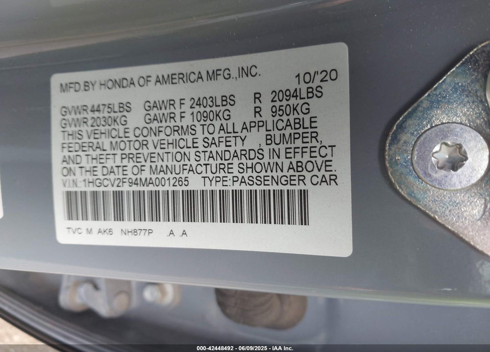 2021 HONDA ACCORD VIN: 1HGCV2F94MA001265