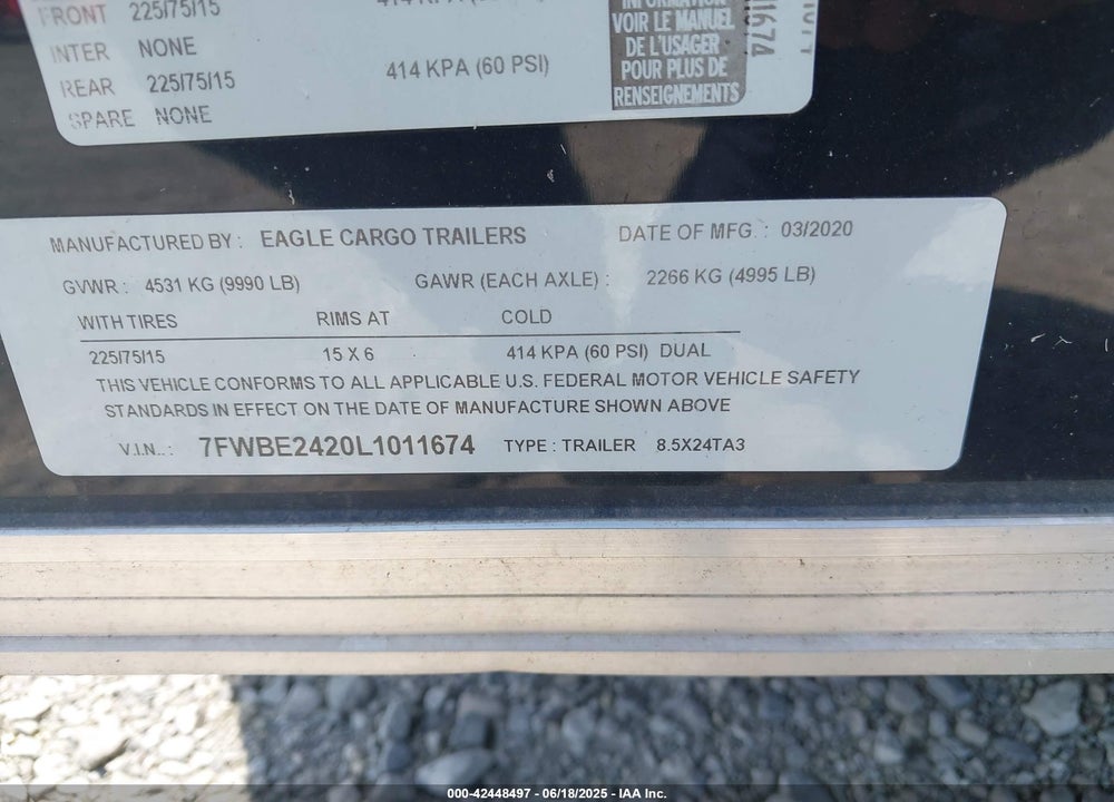 2020 EAGLE 8.5X24TA3 VIN: 7FWBE2420L1011674
