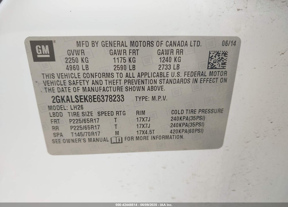 2014 GMC TERRAIN VIN: 2GKALSEK8E6378233