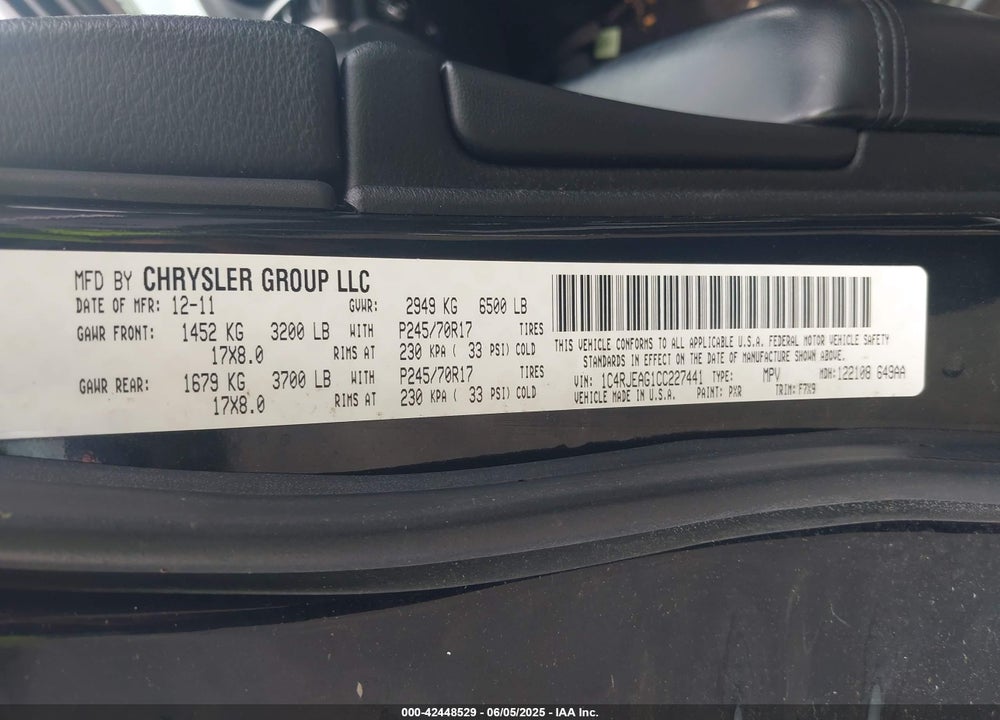 2012 JEEP GRAND CHEROKEE VIN: 1C4RJEAG1CC227441