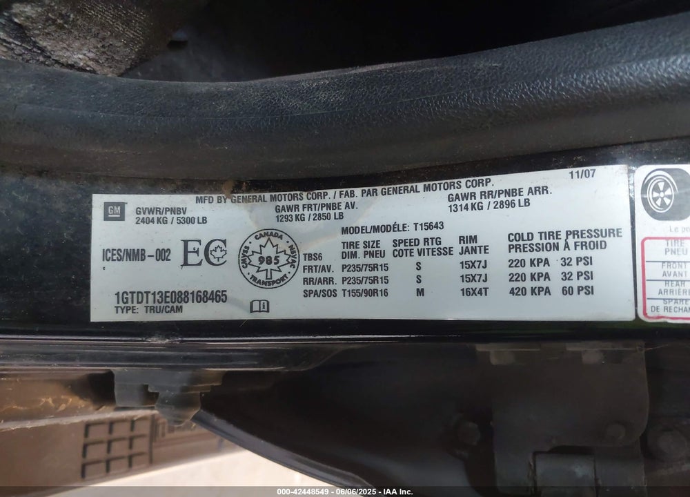 2008 GMC CANYON VIN: 1GTDT13E088168465