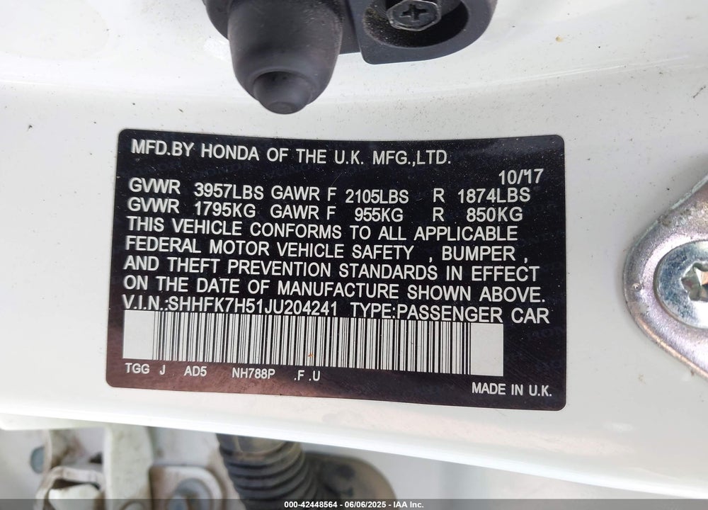 2018 HONDA CIVIC VIN: SHHFK7H51JU204241