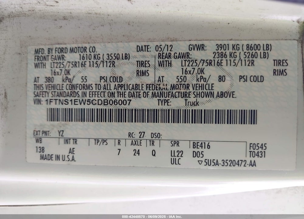 2012 FORD E-150 COMMERCIAL VIN: 1FTNS1EW5CDB06007