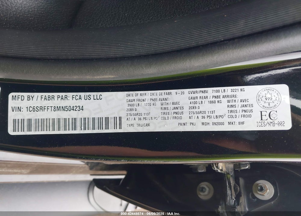 2021 RAM 1500 VIN: 1C6SRFFT8MN504234