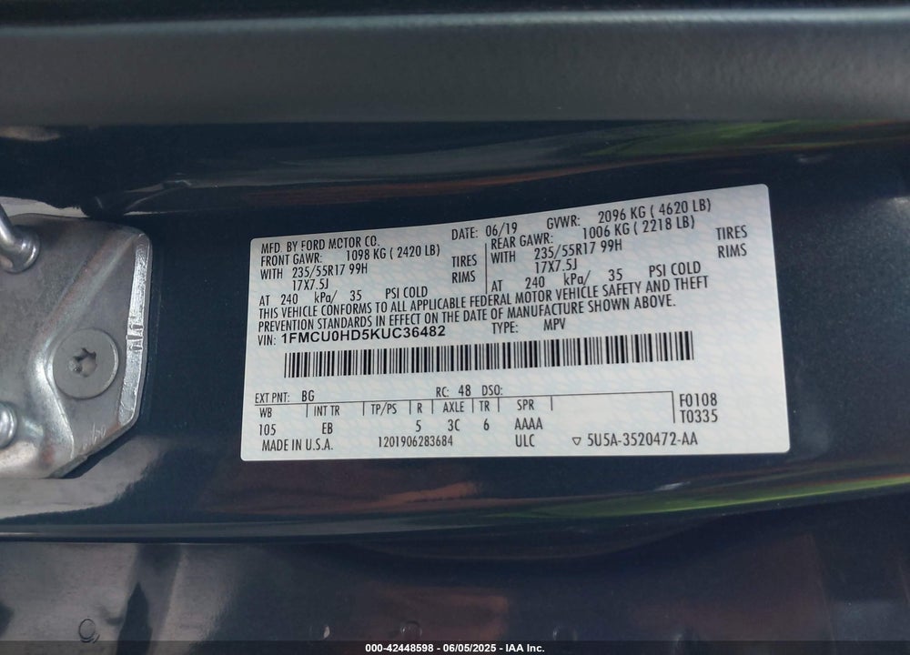 2019 FORD ESCAPE VIN: 1FMCU0HD5KUC36482