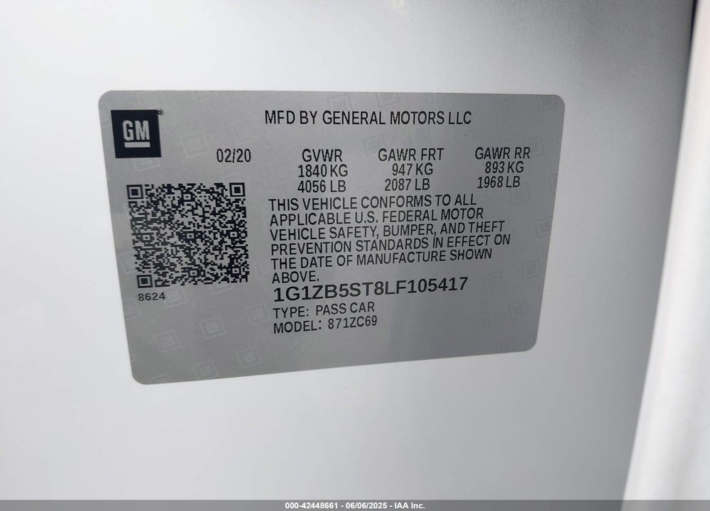 2020 CHEVROLET MALIBU VIN: 1G1ZB5ST8LF105417