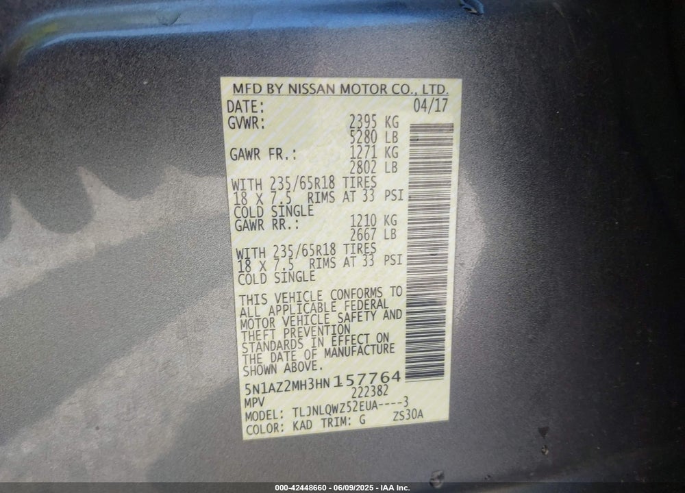 2017 NISSAN MURANO SV VIN: 5N1AZ2MH3HN157764