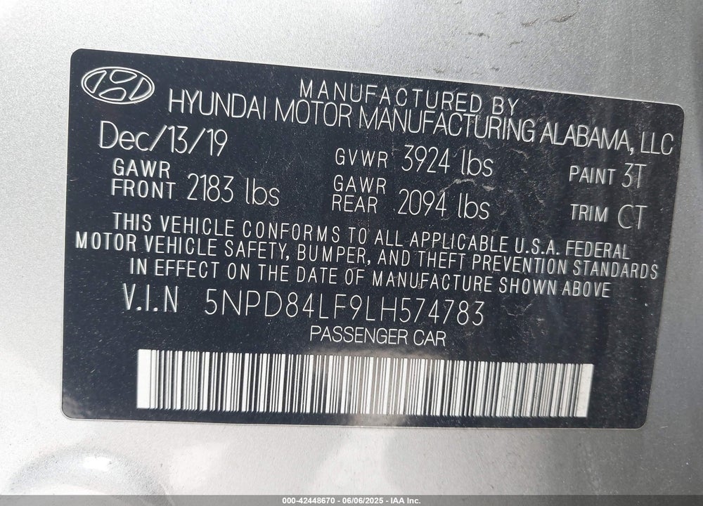 2020 HYUNDAI ELANTRA VIN: 5NPD84LF9LH574783