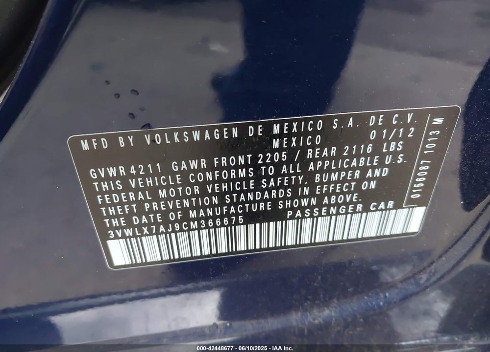 2012 VOLKSWAGEN JETTA VIN: 3VWLX7AJ9CM366675