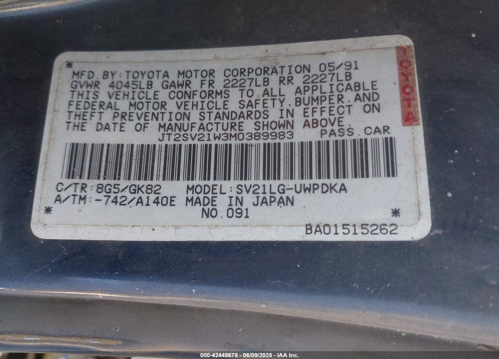 1991 TOYOTA CAMRY DLX VIN: JT2SV21W3M0389983
