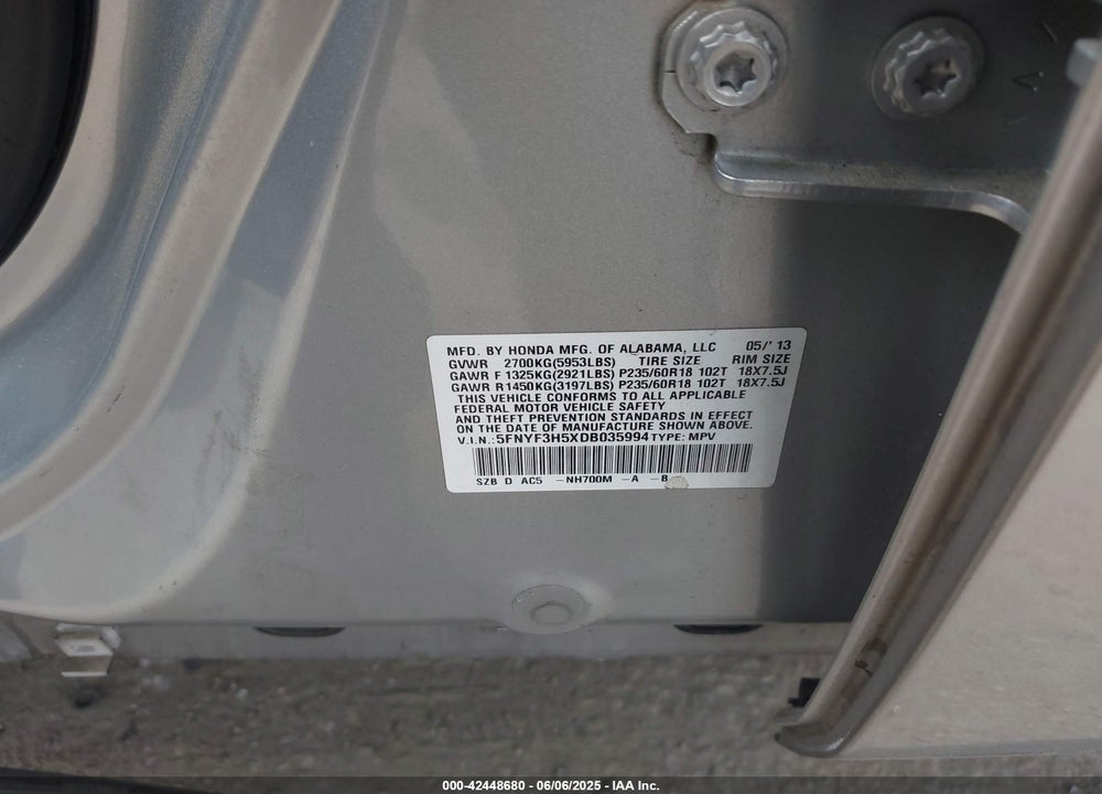 2013 HONDA PILOT VIN: 5FNYF3H5XDB035994
