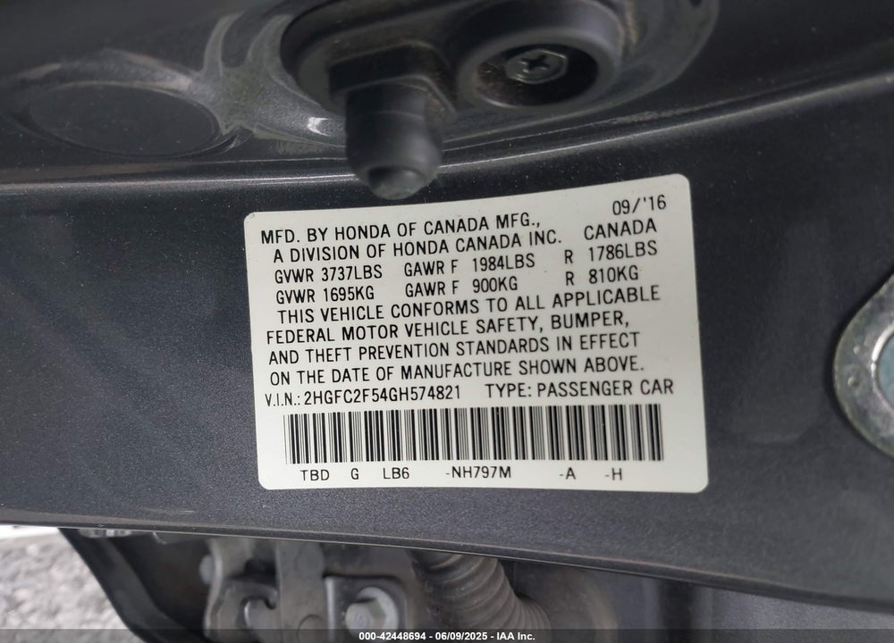 2016 HONDA CIVIC VIN: 2HGFC2F54GH574821