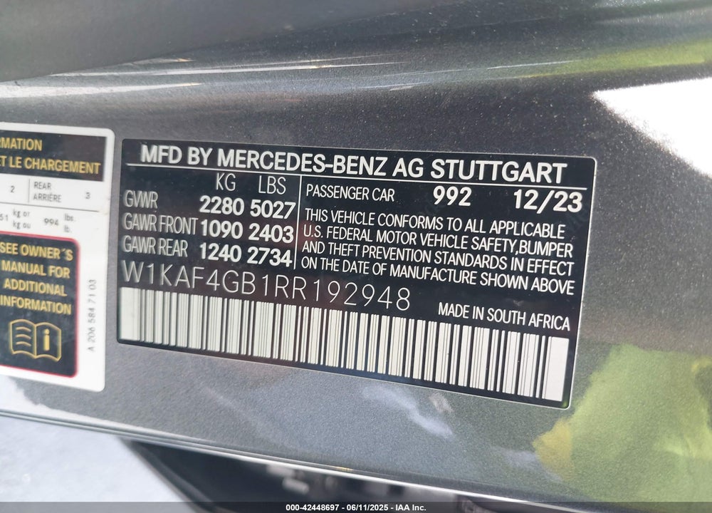 2024 MERCEDES-BENZ C CLASS VIN: W1KAF4GB1RR192948