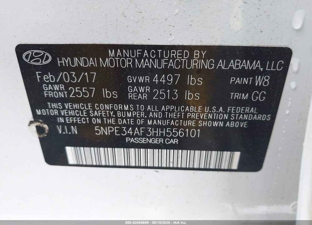 2017 HYUNDAI SONATA SPORT VIN: 5NPE34AF3HH556101