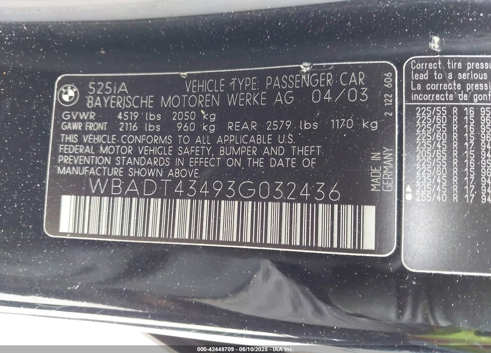 2003 BMW 525IA VIN: WBADT43493G032436