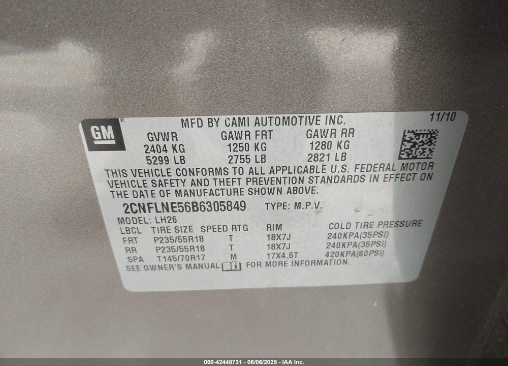 2011 CHEVROLET EQUINOX VIN: 2CNFLNE56B6305849