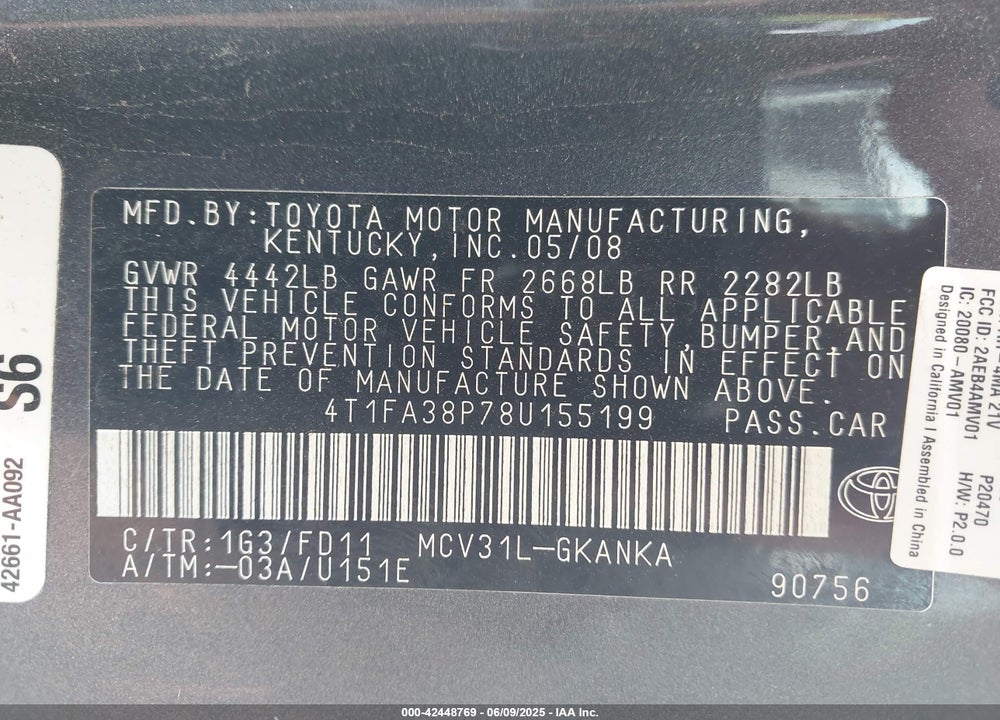 2008 TOYOTA CAMRY SOLARA VIN: 4T1FA38P78U155199