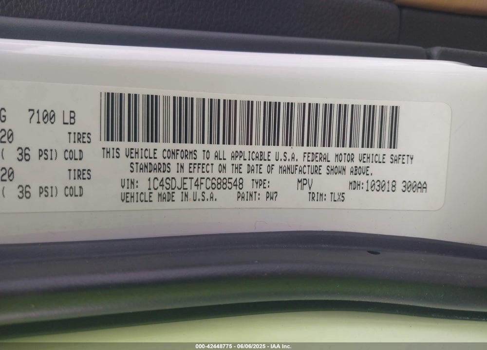 2015 DODGE DURANGO VIN: 1C4SDJET4FC688548