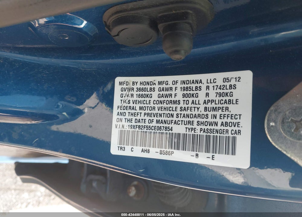 2012 HONDA CIVIC VIN: 19XFB2F55CE067854