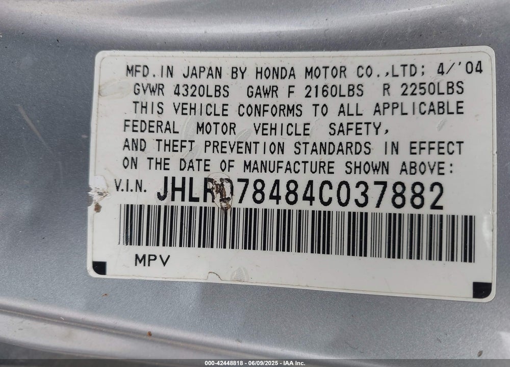 2004 HONDA CR-V LX VIN: JHLRD78484C037882