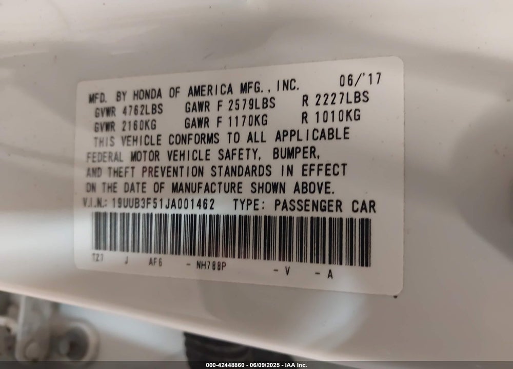 2018 ACURA TLX VIN: 19UUB3F51JA001462