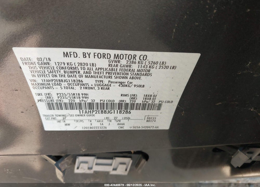 2018 FORD TAURUS VIN: 1FAHP2E88JG118286