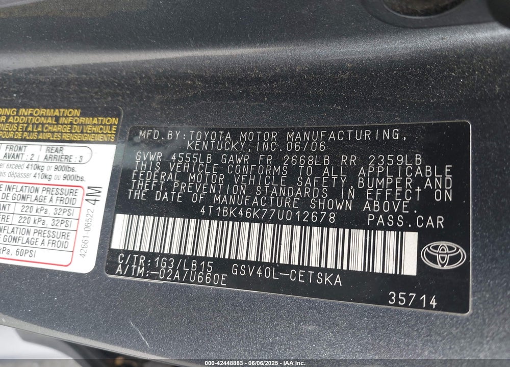 2007 TOYOTA CAMRY VIN: 4T1BK46K77U012678