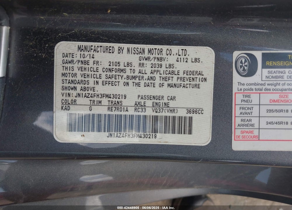2015 NISSAN 370Z VIN: JN1AZ4FH3FM430219