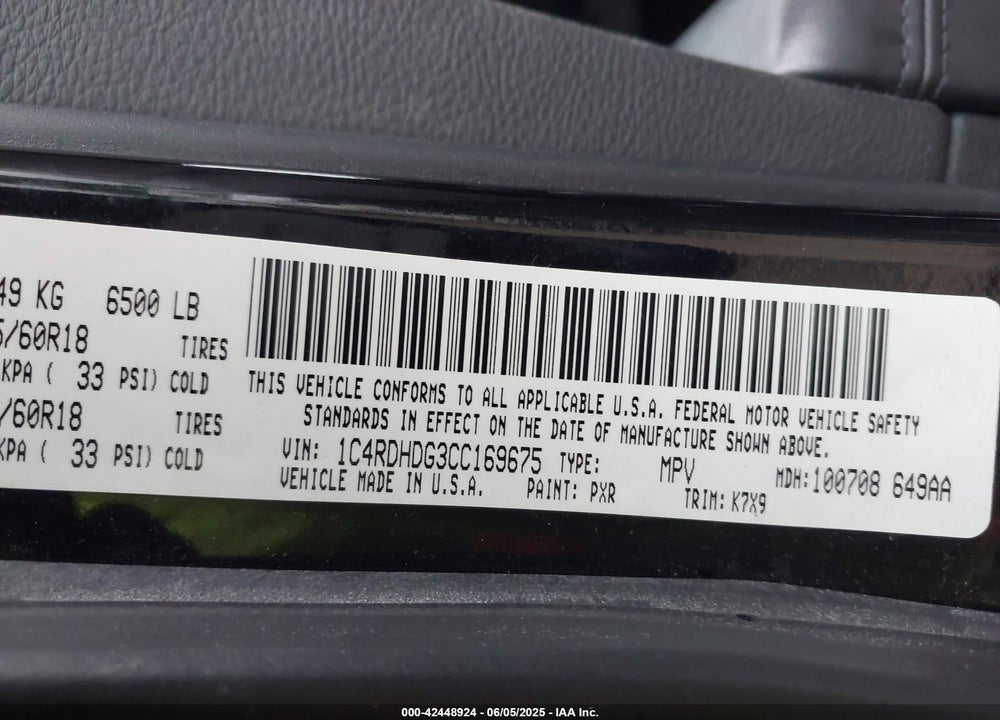 2012 DODGE DURANGO CREW VIN: 1C4RDHDG3CC169675