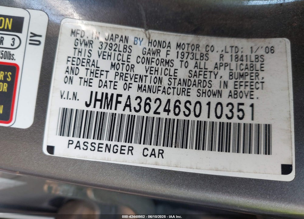 2006 HONDA CIVIC HYBRID VIN: JHMFA36246S010351