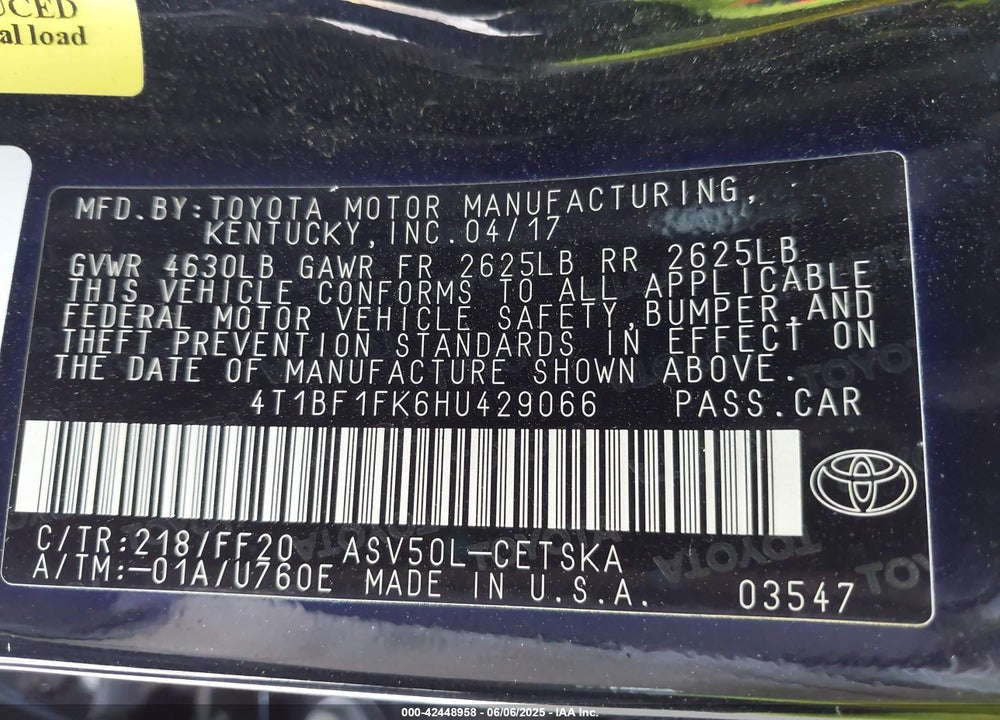 2017 TOYOTA CAMRY SE VIN: 4T1BF1FK6HU429066