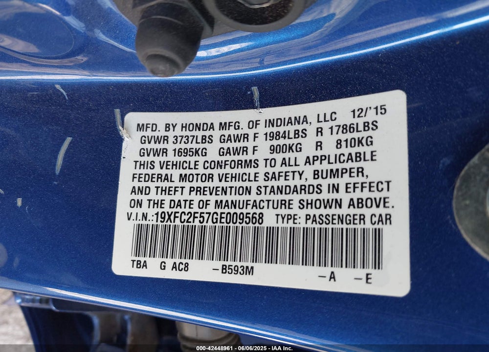 2016 HONDA CIVIC VIN: 19XFC2F57GE009568