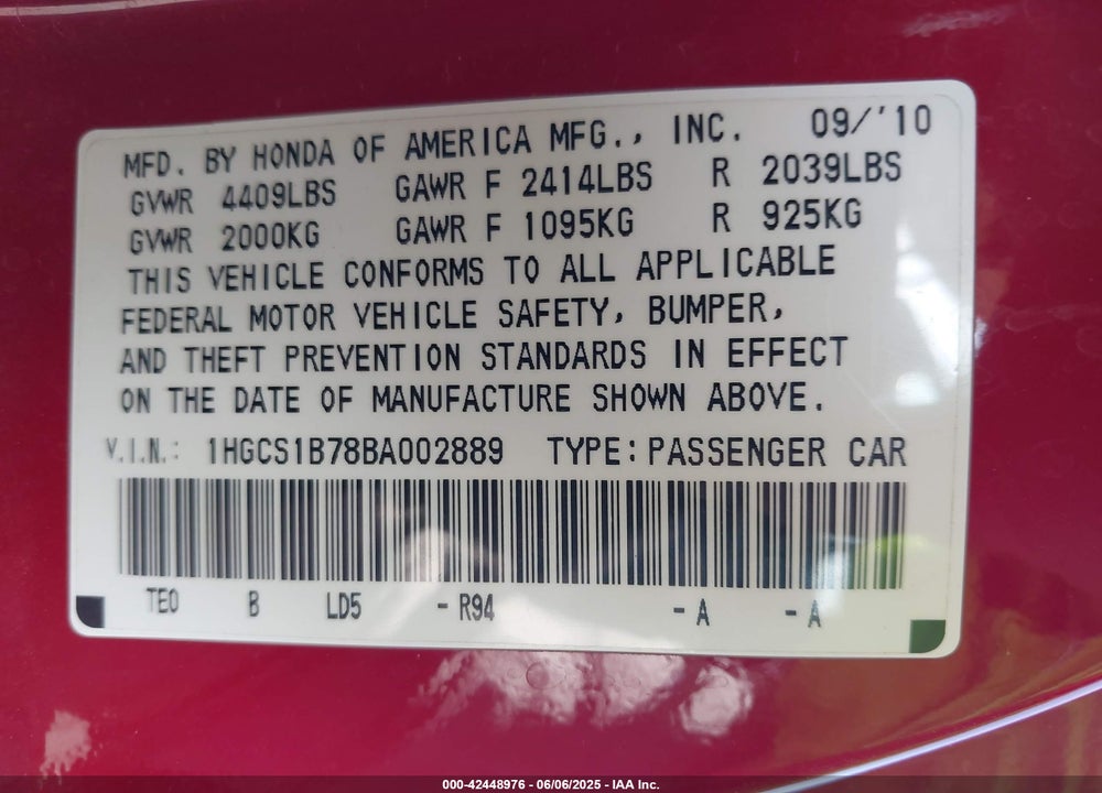 2011 HONDA ACCORD VIN: 1HGCS1B78BA002889