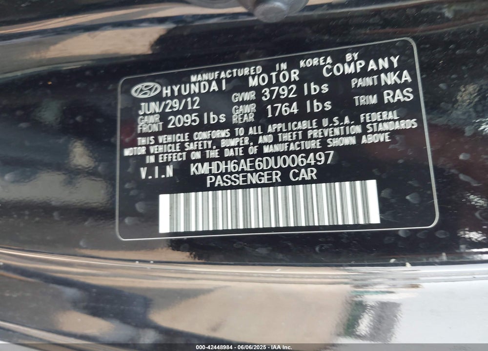 2013 HYUNDAI ELANTRA VIN: KMHDH6AE6DU006497