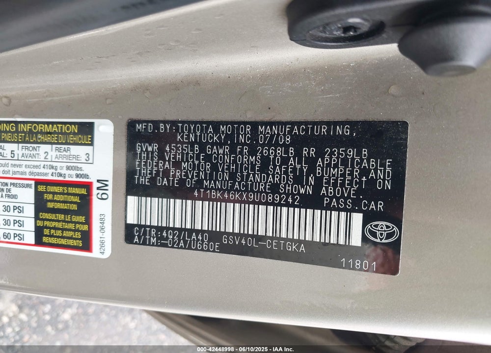 2009 TOYOTA CAMRY XLE V6 VIN: 4T1BK46KX9U089242