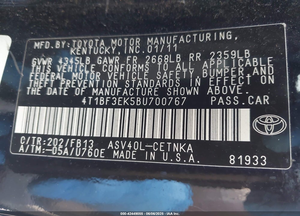 2011 TOYOTA CAMRY VIN: 4T1BF3EK5BU700767