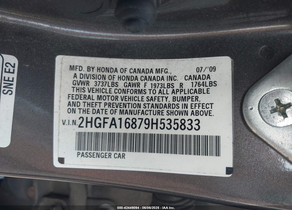 2009 HONDA CIVIC VIN: 2HGFA16879H535833