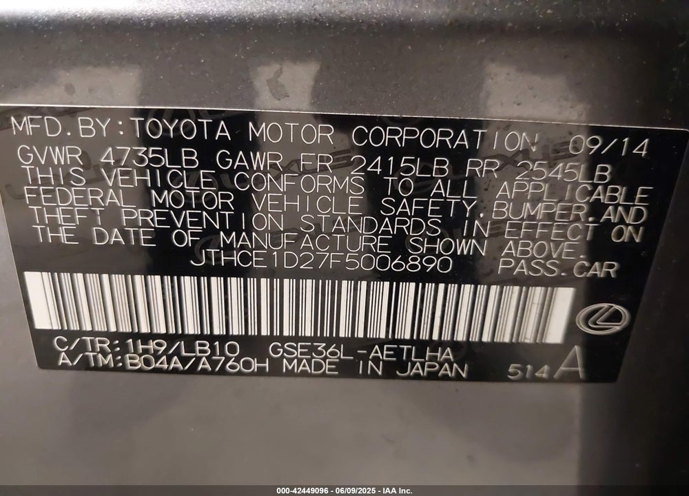 2015 LEXUS IS 350 VIN: JTHCE1D27F5006890