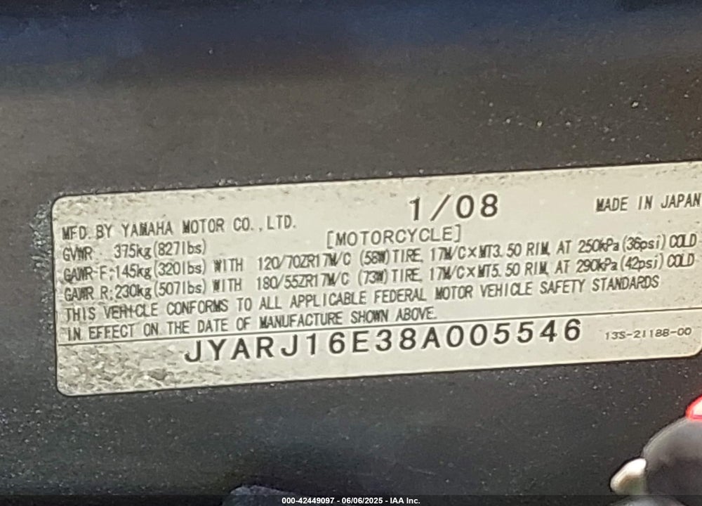 2008 YAMAHA YZFR6 VIN: JYARJ16E38A005546