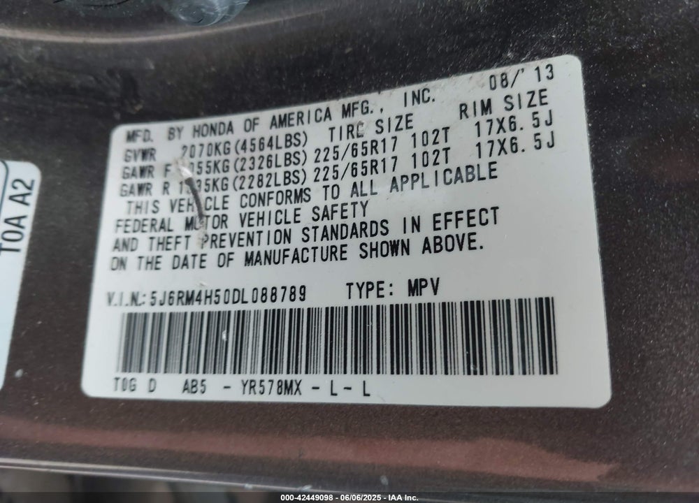 2013 HONDA CR-V VIN: 5J6RM4H50DL088789