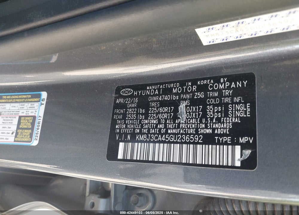 2016 HYUNDAI TUCSON VIN: KM8J3CA45GU236592