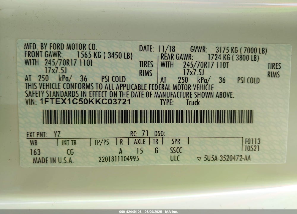 2019 FORD F-150 XL VIN: 1FTEX1C50KKC03721