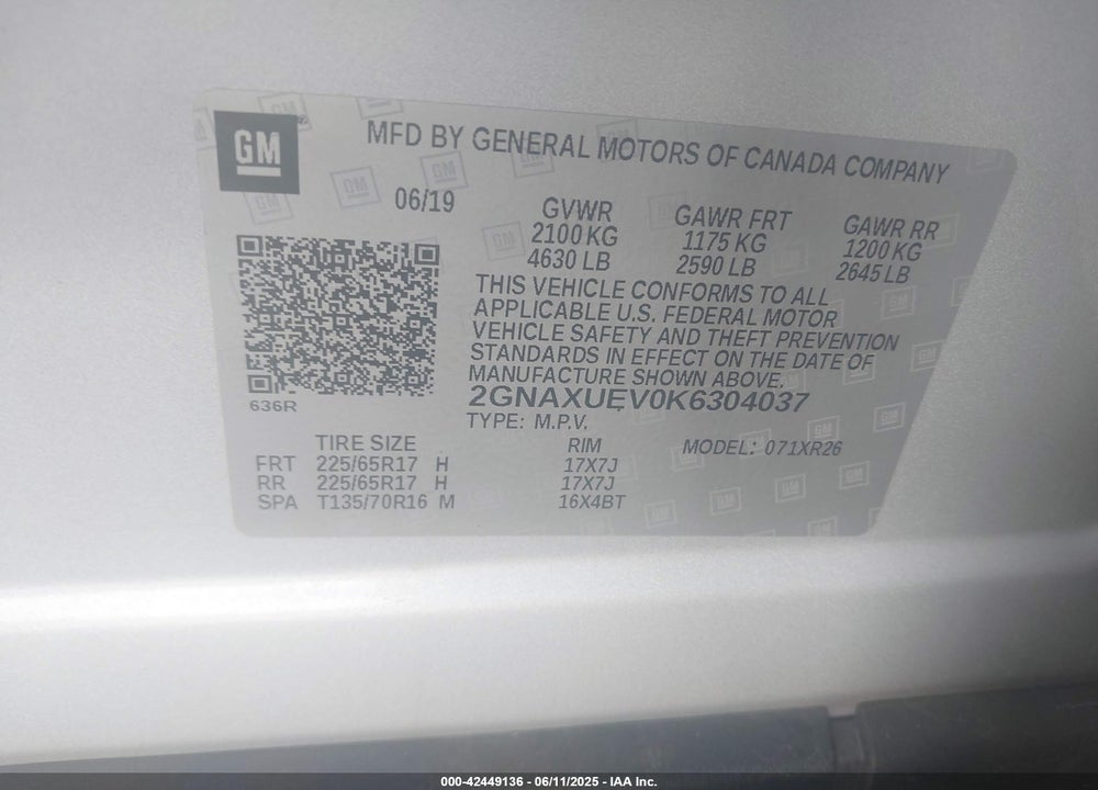 2019 CHEVROLET EQUINOX VIN: 2GNAXUEV0K6304037