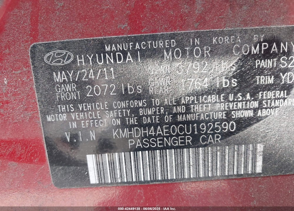 2012 HYUNDAI ELANTRA VIN: KMHDH4AE0CU192590