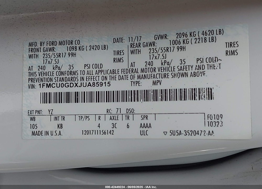 2018 FORD ESCAPE SE VIN: 1FMCU0GDXJUA85915