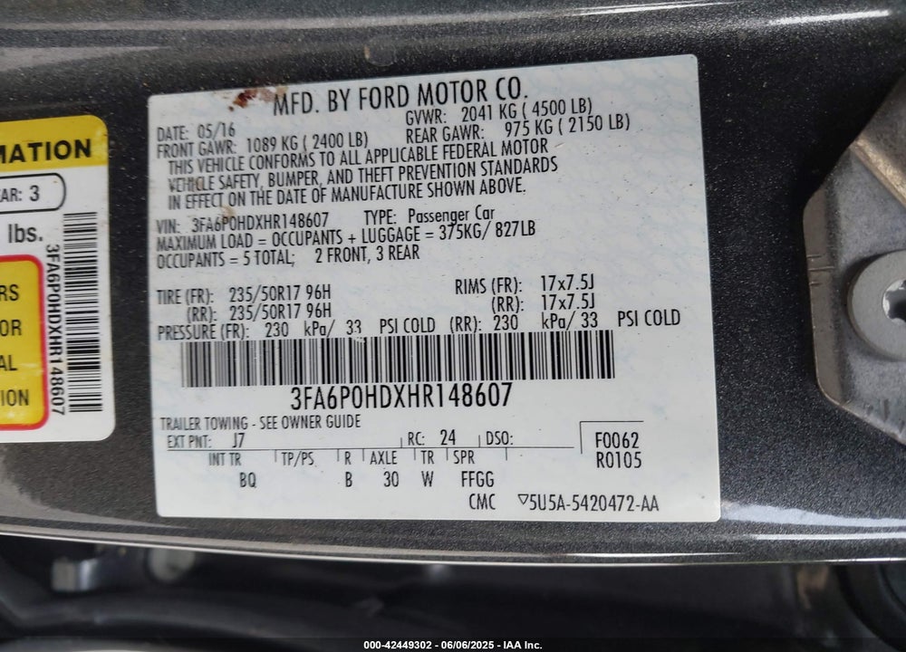 2017 FORD FUSION SE VIN: 3FA6P0HDXHR148607
